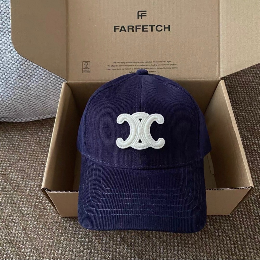 Celine Navy Corduroy Baseball Cap with Cream Logo